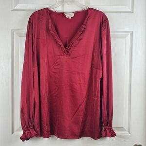 Flower & Feather 2X Red Burgundy Satin Ruffle Long Sleeve Top Blouse Casual Work